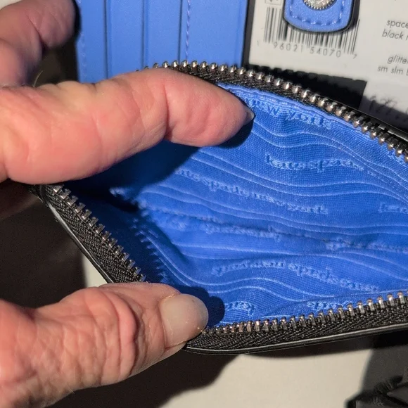 Kate Spade Black Glitter Space Invaders Wallet with Purple Zipper Pull